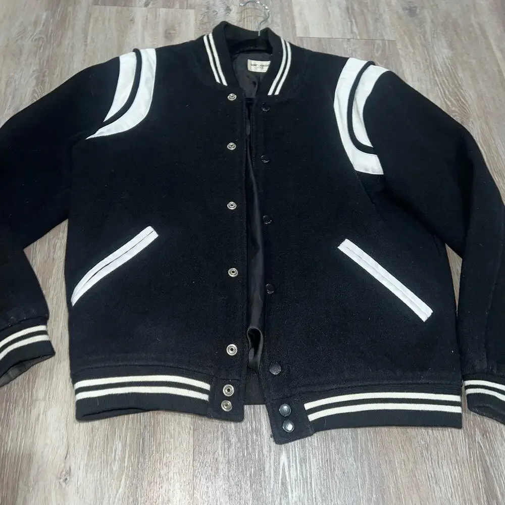 Saint Laurent Teddy Varsity Wool Black and White Jacket Size 44